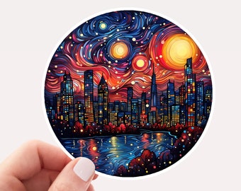 Colorful City Lights Vinyl Sticker, City Skyline Sticker, Van Gogh Style, City Skyline, City at Night, City Sticker, Pretty City Sticker