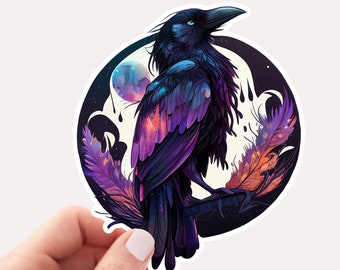 May include: A black raven with purple and blue iridescent feathers perched on a branch with a crescent moon and feathers in the background.