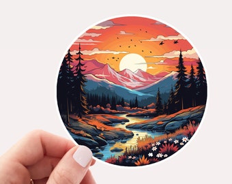 Mountain Sunrise Vinyl Sticker, Mountain Scene Sticker, Sunrise Sticker, Outdoors, Camping, Mountain Range