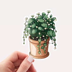 Op de afbeelding: Een sticker van een plant in een pot met groene bladeren en witte bloemen. De plant staat in een bruine pot met witte stippen. De sticker is op een witte achtergrond.