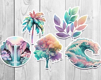 Pretty Pastel Sticker Bundle - Set of 5 - Pretty Stickers - WATERPROOF Glossy Stickers Pack - Pastel Theme - Trees, Leaves & Water in Pastel