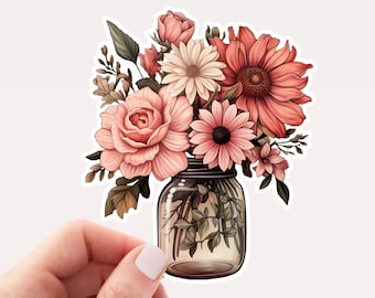 Pretty Pink Flowers in Jar Vinyl Sticker, Pink Flowers Sticker, Botanical Sticker, Bouquet of Flowers Sticker, Floral Sticker