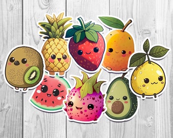 Cute Kawaii Fruit Sticker Bundle Set of 8 - WATERPROOF Vinyl Stickers - Strawberry Kiwi Mango Lemon Pineapple Avocado DragonFruit Watermelon