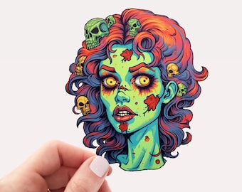 Pop Art Zombie Girl with Skulls Vinyl Sticker, Zombie Sticker, Dead Girl Sticker, Pop Art, Colorful, Girl Zombie, Retro, Skulls, Halloween