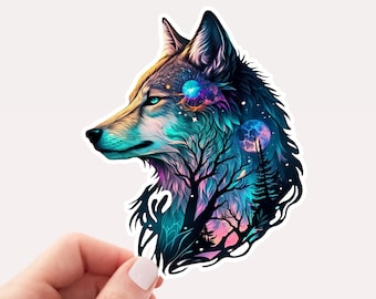Pegatina de lobo mágico IMPERMEABLE, pegatina de vinilo, lobo espiritual, pegatina amante del lobo, pegatina bonita, pegatina de animales, pegatina de lobo, lobo lunar
