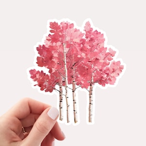 Op de afbeelding: Een sticker met een groep van vijf berken met roze bladeren. De bomen zijn wit met zwarte markeringen en hebben een aquarelachtige uitstraling.