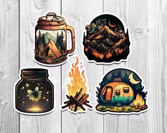 Cozy Camping Vinyl Sticker Bundle - Set of 5 - WATERPROOF Glossy Stickers Pack - Outdoor Stickers - Mountains, Campfire, Firefly, Camping