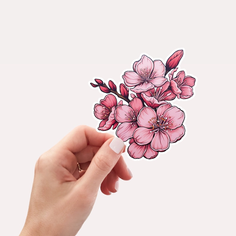 May include: A sticker featuring a cluster of pink cherry blossoms with delicate petals and a detailed illustration style.