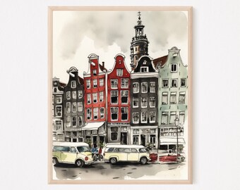 Amsterdam city watercolour sketch wall art download printable digital decor