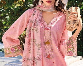 Pink Linen Kurti Set | Floral Print Indian Suit | Pakistani Suit