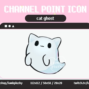 Pode incluir: Uma ilustração digital de um ícone de gato fantasma. O ícone é um fantasma branco em estilo cartoon com olhos pretos e um pequeno sorriso. O texto "CHANNEL POINT ICON" está no topo, com "cat ghost" abaixo. O fundo é rosa.