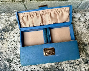 Vintage Tooled Blue Leather Jewellery Box With Brass Clasp