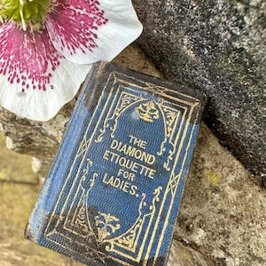May include: A small, antique book titled "THE DIAMOND ETIQUETTE FOR LADIES" with a blue cover and gold lettering. The book is resting on a stone surface next to a white and pink flower.