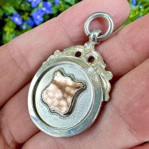 Könnte beinhalten: Ein Taschenuhranhänger aus Silber und Gold mit einem dekorativen Design. Der Anhänger ist rund mit einem schildförmigen Mittelstück.