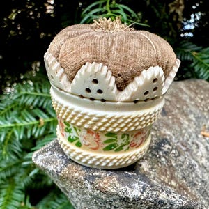 Antique Victorian Hand Painted Bovine Bone Pin Cushion