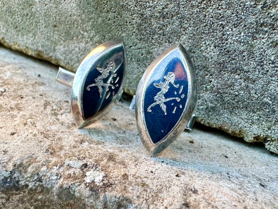 Boutons De Manchette Vintage Siam Argent Sterling Noir - Motif Danseuse Niello - Occasion, état Bon