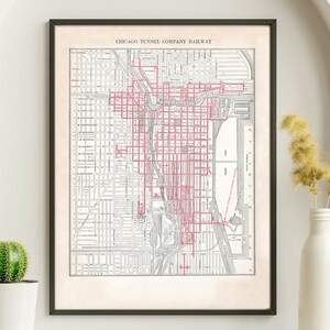 Reproducción del mapa ferroviario de la Chicago Tunnel Company de 1925, impresión del histórico sistema de transporte subterráneo de mercancías, arte mural antiguo de Chicago