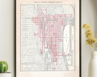 Vintage 1925 Chicago Tunnel Company Railway Map Reproduction, Historic Underground Freight System Print, Antique Chicago Wall Art