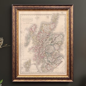 Impression d'affiche de carte d'Écosse vintage 1844, art mural de cartographie écossaise antique, reproduction de carte historique, cadeau pour les amateurs d'histoire
