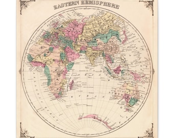 アンティーク世界地図 - 半球 - 1880年 手彩色地図 - 手彩色 - Etsy 日本