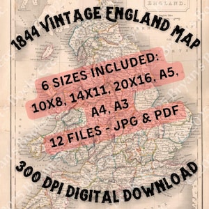 Vintage 1844 Map of England - Antique Digital Download, High-Resolution Printable Wall Art, Historical Home Decor, Antique Map Poster