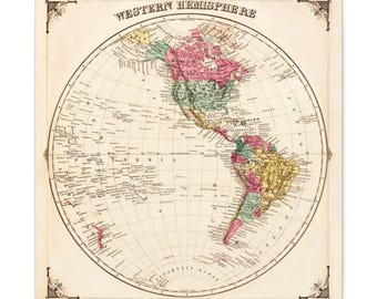 Mapa del hemisferio occidental vintage de 1874, lienzo con mapa del mundo antiguo, impresión cartográfica histórica de las Américas, regalo único para los amantes de los mapas.