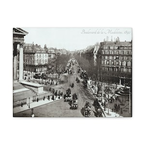 Vintage 1892 Parijs straatbeeld foto, Boulevard de la Madeleine canvaskunst, historische Franse stadsgezicht print, cadeau voor francofielen