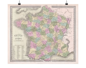 Old Map of France, 19th Century Cartography Decor, Vintage