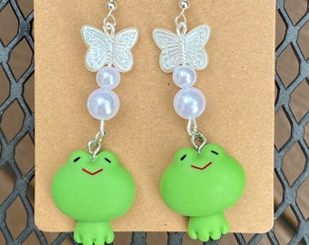 pearl butterfly frog earrings y2k cottagecore aesthetic cute hook white green