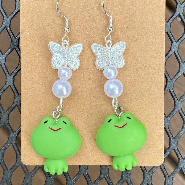 pearl butterfly frog earrings y2k cottagecore aesthetic cute hook white green