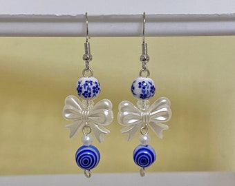 blue porcelain bow pearl y2k earrings dangle lightweight