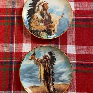 May include: Two decorative ceramic plates featuring Native American art. The plates depict a Native American man in traditional clothing and headdress, holding a sacred object. The plates have a gold rim and are on a red and white checkered tablecloth.