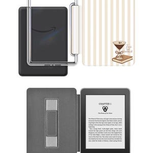 May include: A black e-reader with a protective cover. The cover is gray with a stand and a striped design with a cocktail illustration and the text "Tini bit booked". The e-reader displays text from "The Flame of Tar Valon".