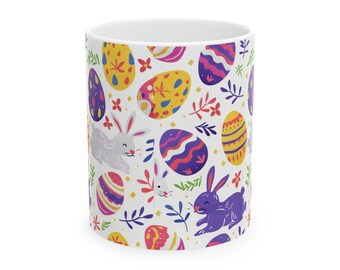 A whimsical pattern featuring hopping bunnies and colorful Easter eggs, Ceramic Mug, 11oz