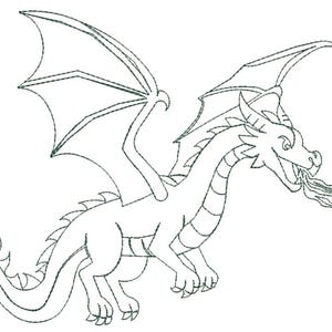 Puede incluir: Dibujo lineal de un dragón con grandes alas, una larga cola y una espalda puntiaguda. El dragón está respirando fuego. La imagen es en blanco y negro.