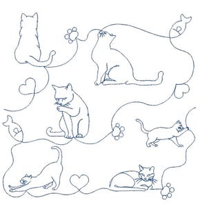 Puede incluir: Un fondo blanco presenta un patrón repetido de gatos dibujados con líneas en varias poses. Los gatos están conectados por líneas curvas, corazones, huellas de patas y formas de peces, todo en color azul oscuro.