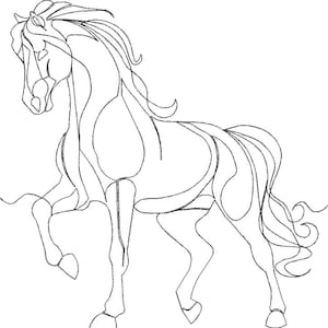 May include: A black and white line drawing of a horse in a dynamic pose. The horse is depicted with flowing lines, suggesting movement and grace. The mane and tail are long and flowing, adding to the sense of energy. The horse is rearing up on its hind legs.