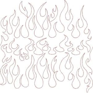 May include: A digitally created design featuring numerous stylized flames in a reddish-brown color. The flames vary in size and shape, with a stitched or embroidered appearance, set against a white background. The design is suitable for various applications.