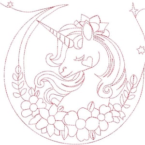 May include: A detailed embroidery design of a unicorn's head, encircled by a floral wreath and a crescent shape. The unicorn has a heart-shaped detail and is surrounded by stars. The design is in shades of red.