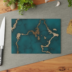 Blue and Gold Marble Glass Cutting Board, Pick your Size!