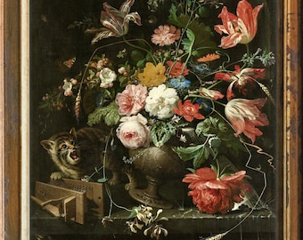Weird Cat Renaissance Still Life, Cat Knocking Over a Vase of Flowers, High Quality Art Print, Antique Floral Painting, Cat,Mouse, Bugs