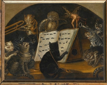 May include: An oil painting in a gold frame depicts a group of cats gathered around an open book. The book is filled with images of fish. One cat is wearing a necklace and pointing at the book with its paw. The painting is set against a dark background.