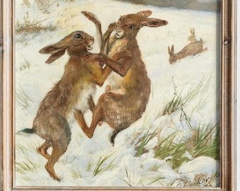 Fighting Rabbits, Antique Victorian Rabbit Painting, Vintage Rabbit Art, High Quality Art Print, Rabbits in Snow, Brown Bunnies
