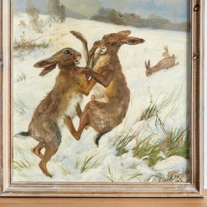 Fighting Rabbits, Antique Victorian Rabbit Painting, Vintage Rabbit Art, High Quality Art Print, Rabbits in Snow, Brown Bunnies