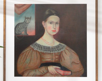 Victorian Lady and Cat Art Print, Antique Portrait