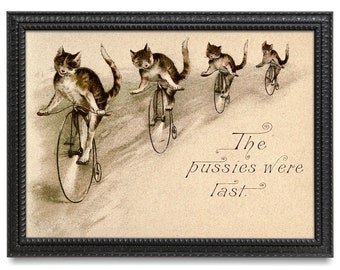 Victorian Cats Illustration, Sassy Cats on Bikes, Antique Cat Art, Victorian Cat Postcard Art, 19th Century Cat Drawing, Whimsical Cats Art