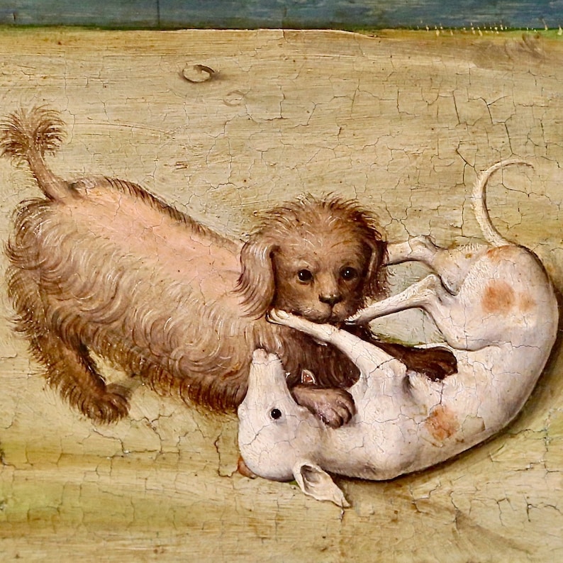 May include: A painting depicting two dogs playing. One dog is brown and white, while the other is white with brown spots. The dogs are set against a light brown background.