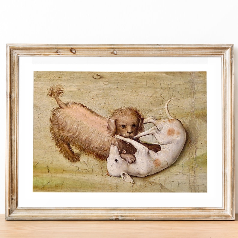 May include: A painting depicting two dogs engaged in a fight. The dog on the left is brown and white, while the dog on the right is white with brown spots. The dogs are set against a light brown background.