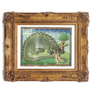 Weird Medieval Art, Crocodile Eating Man, Medieval Beast, 13th Century Art Print, Illustration, Strange Middle Ages, Medieval Animals