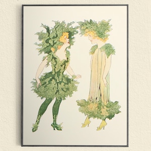 May include: An art print featuring two figures in whimsical green leaf costumes. One figure wears a short dress and the other a long gown, both with leaf headpieces. The artwork has a vintage, illustrative style with soft colors.
